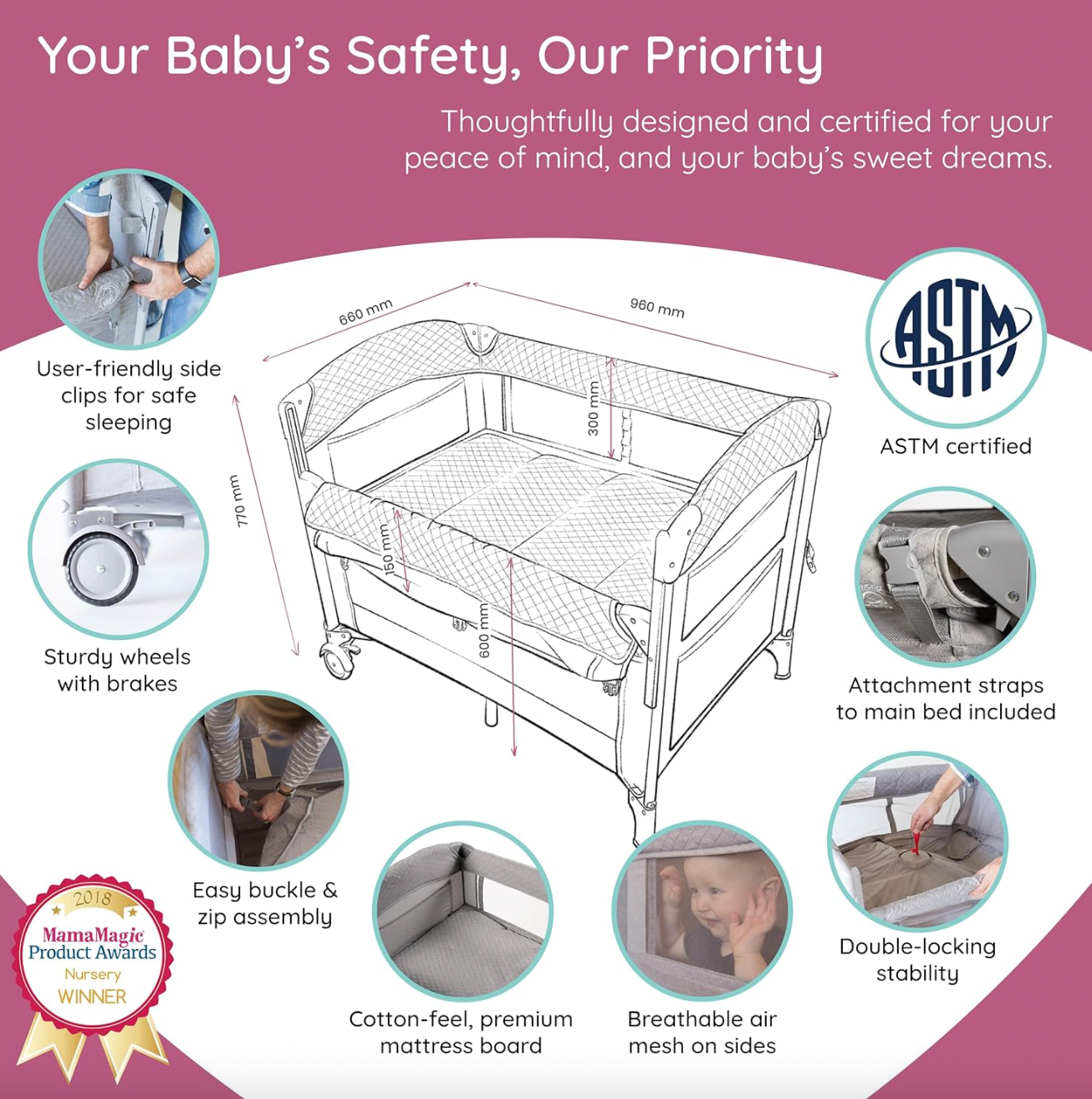 Pack and Play Bedside Sleeper Cot that Adapts as They Grow (Light Grey)