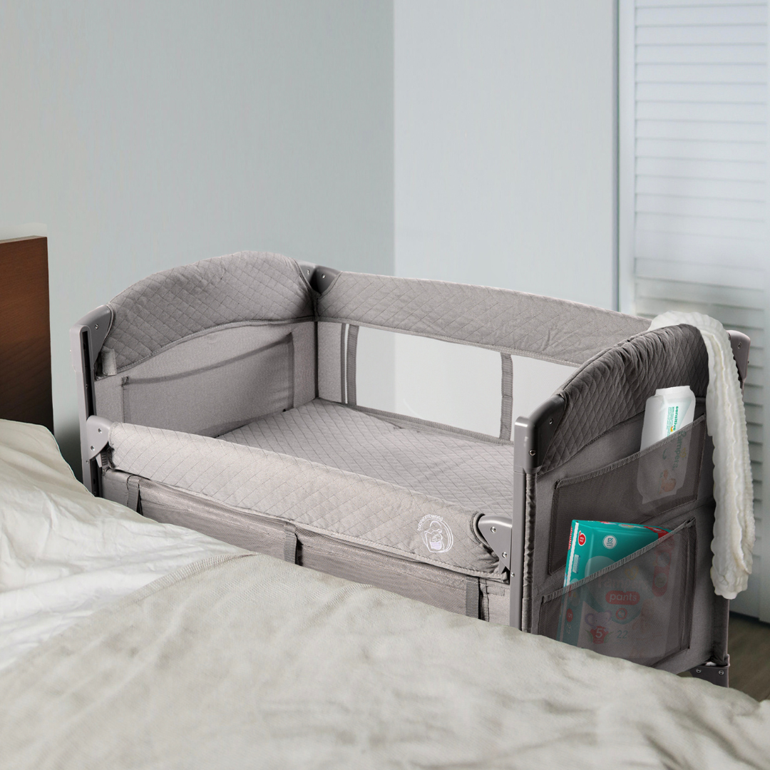 Pack and Play Bedside Sleeper Cot that Adapts as They Grow Light Grey